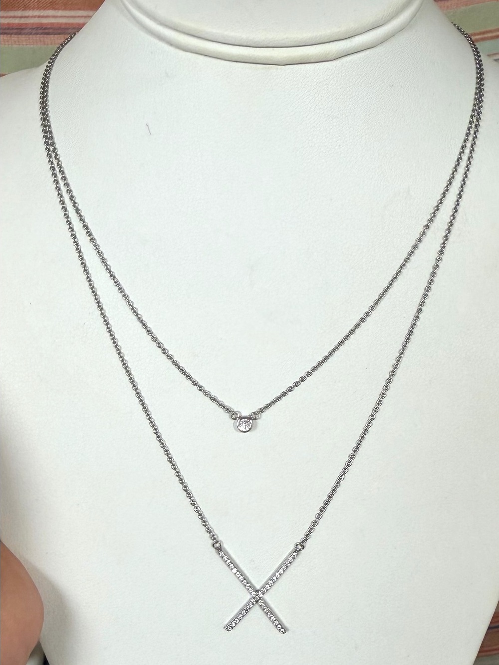 Sterling Silver Layered Pendant Necklace with CZ Accent- 20”- Acid tested